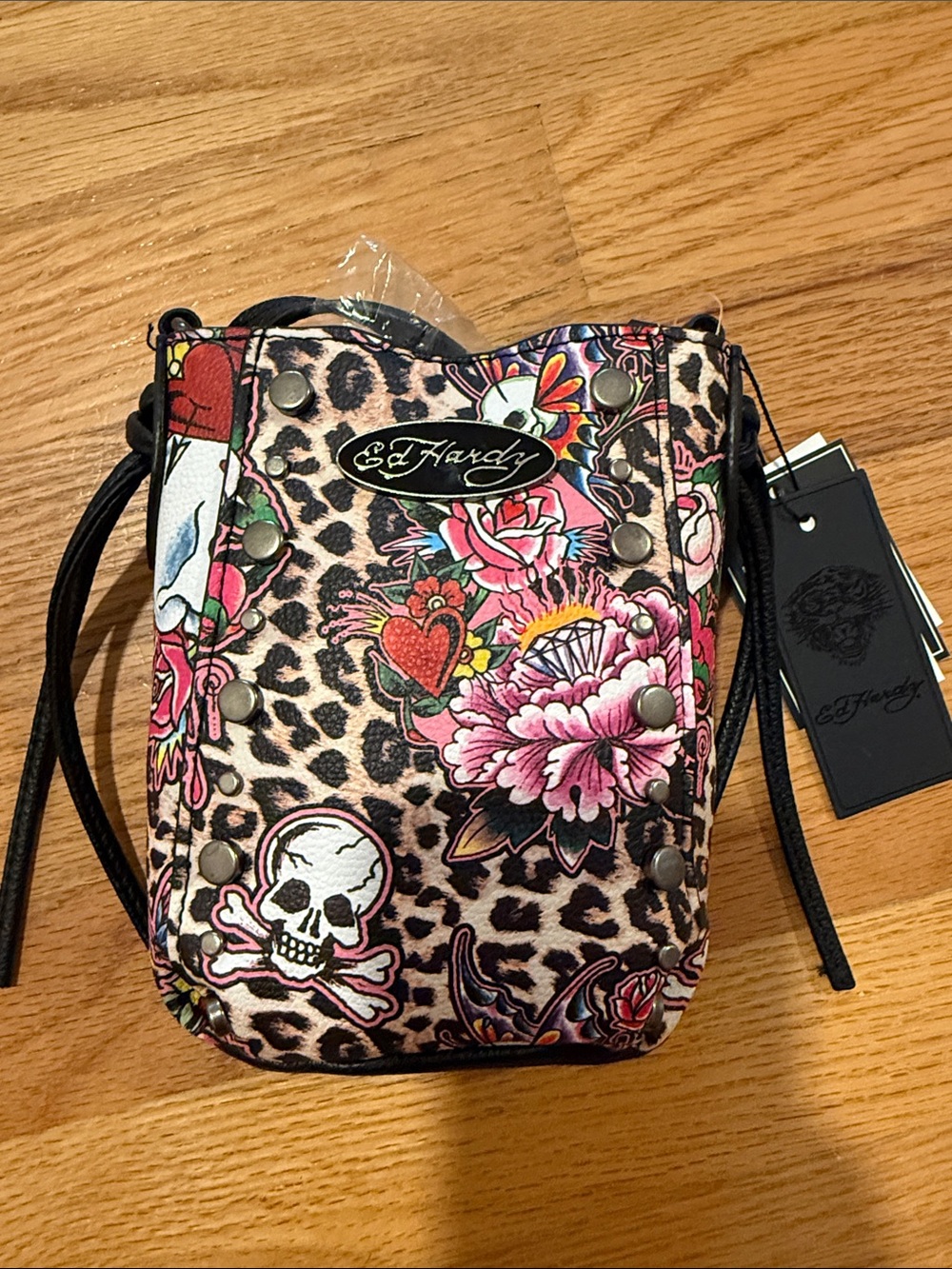 Ed Hardy Cheetah Pink Floral Skulls Adjustable Crossbody Vegan Bag brand new